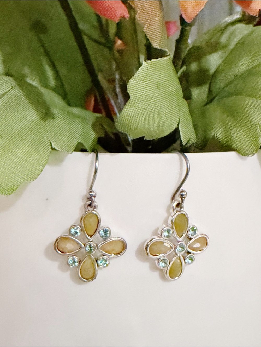 LIZ CLAIBORNE Flower Dangle Dainty Earrings - Yellow & Aqua Accents
